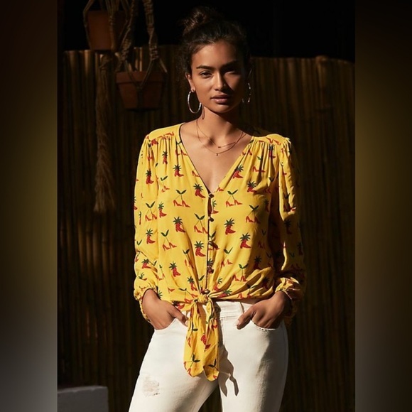 Anthropologie Kendra Dandy Dreamers Yellow Red Western Whimsy Blouse Size 10 - Picture 2 of 7